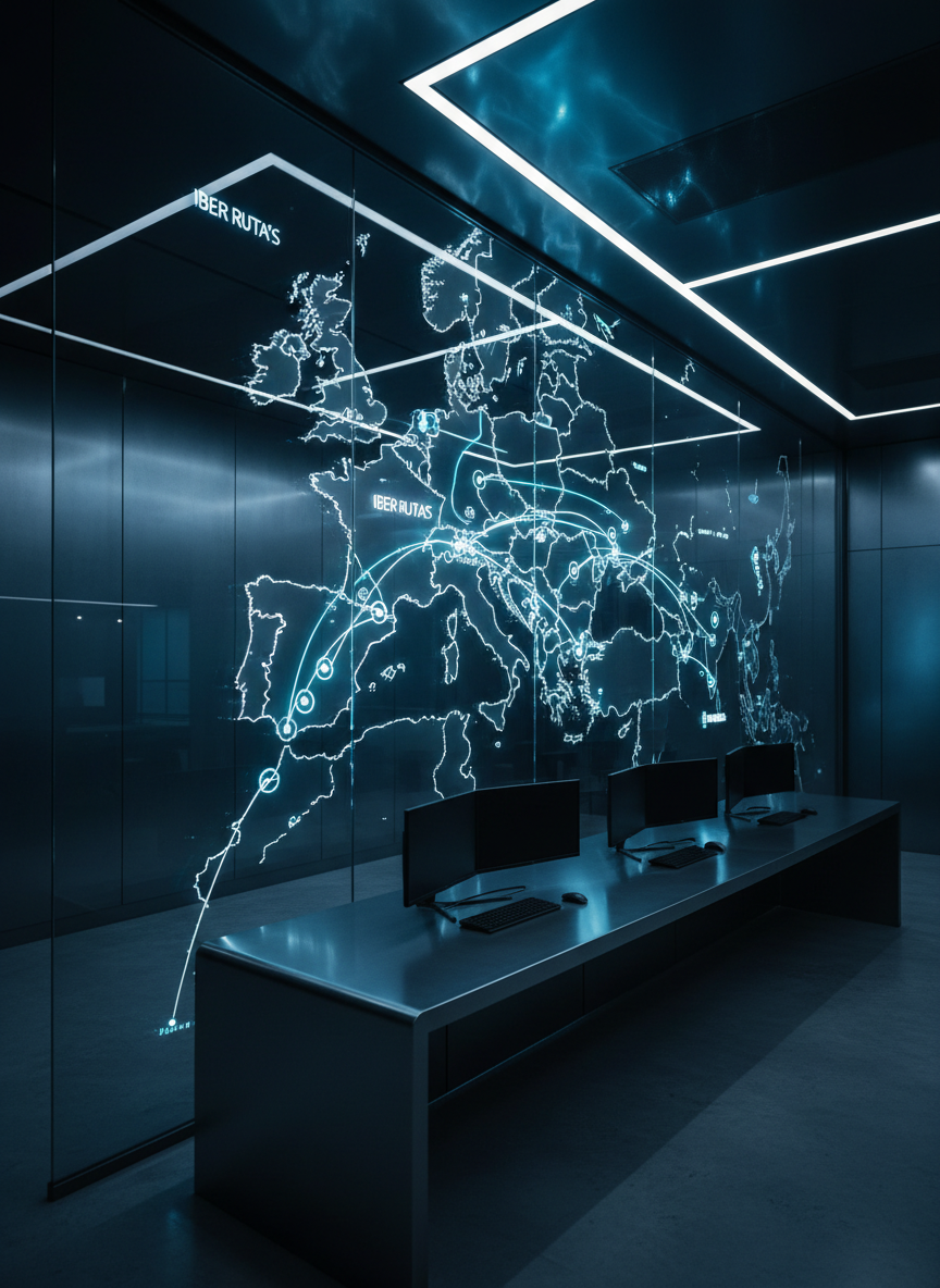 An illuminated digital map of Europe displayed on a large, ultra-modern glass wall in a dim operations room, with bright, crisp lines tracing Iber Ruta’s strategic overland routes between major cities. Thin, glowing blue paths connect logistics hubs represented by subtle, geometric icons. The environment features dark, brushed metal surfaces and neatly organized monitors on a sleek console, all without any human presence. Cool, focused LED lighting creates a high-contrast, technological atmosphere, with reflections glimmering on the glass map. Shot from a slightly low angle to emphasize the map’s scale, with shallow depth of field keeping routes in sharp focus and surroundings softly blurred. The mood is analytical, efficient, and forward-thinking, with a modern photographic style.