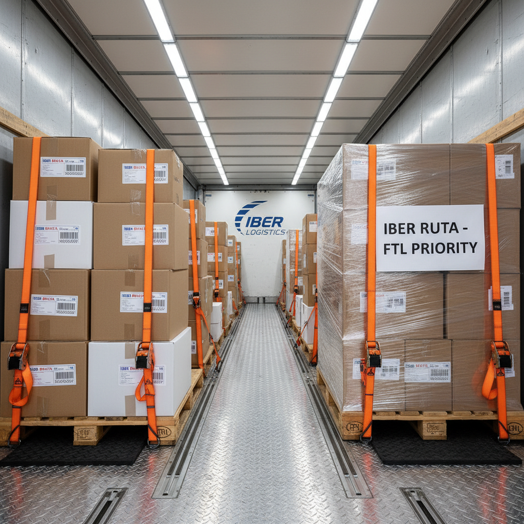 A precisely loaded trailer interior showing an expertly organized mix of pallets for LTL (less-than-truckload) and a solid, shrink-wrapped block for FTL (full truckload), all secured with bright orange ratchet straps and anti-slip mats on a spotless metal floor. Wooden pallets display different box sizes and neutral packaging, each labeled with crisp barcodes and routing tags. Bright, even LED strip lighting along the ceiling illuminates every detail without harsh shadows. Captured from the open rear doors, looking inward with strong linear perspective leading to the front bulkhead, the composition emphasizes depth and order. The mood is methodical, trustworthy, and detail-oriented, with realistic photography highlighting Iber Ruta’s expertise in both FTL and LTL cargo management.