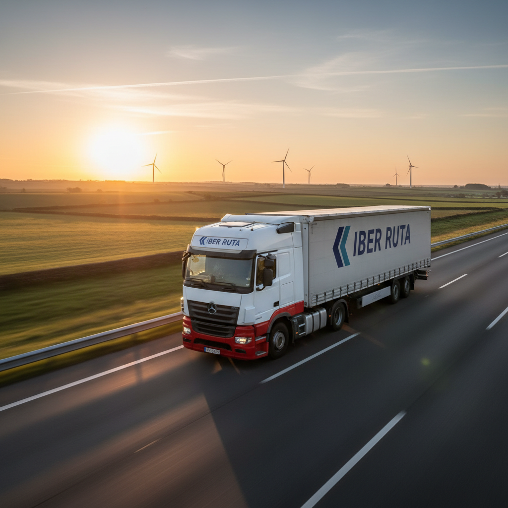 An Iber Ruta truck cruising along a smooth European motorway at sunrise, the trailer’s branding clearly visible as it travels through a gentle, rolling landscape with distant wind turbines and neatly divided agricultural fields. Warm golden-hour light casts a soft glow on the vehicle’s cab and trailer, creating subtle reflections on the windows and metallic surfaces. Low, elongated shadows stretch across the asphalt, emphasizing motion and direction. Photographed from a slightly low, three-quarter front angle with motion blur on the road and background, while the truck remains crisply in focus. The mood is dynamic, optimistic, and forward-moving, embodying timely deliveries and long-term experience, captured in vibrant, realistic photographic style.