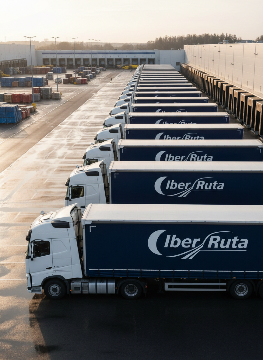 A fleet of modern long-haul trucks with immaculate white and dark blue trailers bearing the Iber Ruta logo, lined up precisely in a spacious European logistics yard. The asphalt is clean, with subtle reflections from recent light rain. In the background, neat rows of loading docks and stacked, color-coded pallets suggest efficient operations. Soft late-afternoon sunlight bathes the scene, creating gentle highlights on polished metal surfaces and clear, defined shadows beneath the vehicles. Photographed from a slightly elevated angle with sharp focus throughout, emphasizing scale, order, and reliability. The mood is professional, trustworthy, and organized, with a photographic realism and clean, modern aesthetic ideal for a transportation business homepage hero image.
