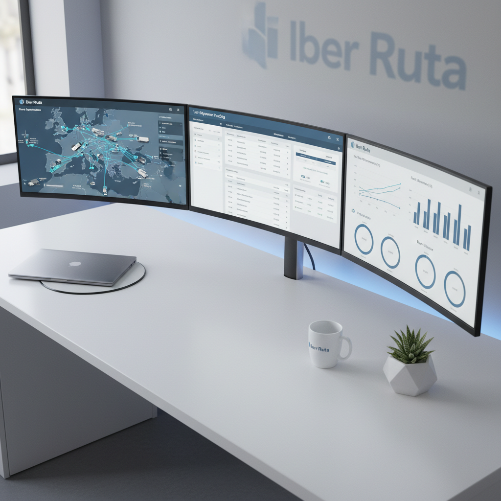 A minimalist logistics control desk featuring multiple ultra-wide monitors showing dashboards of live shipment tracking, route optimization maps of Europe, and clean graphs of on-time performance, all styled in Iber Ruta’s blue and gray color palette. The desk surface is matte white with neatly arranged equipment: a closed notebook, a branded coffee mug, and a small, geometric plant pot. Soft, cool daylight enters from an unseen side window, supplemented by an understated LED desk strip, creating gentle, professional contrasts. Captured from an overhead, slightly angled perspective, the composition feels spacious and organized, with sharp focus and subtle depth cues. The mood is calm, controlled, and data-driven, emphasizing transparency and professionalism in ground transportation management.