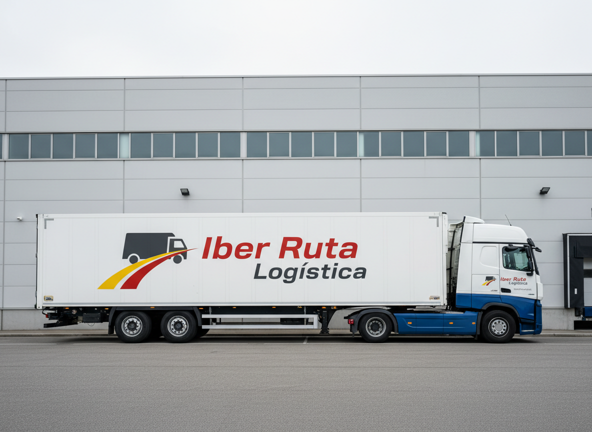 A single Iber Ruta Logística articulated truck in a side-on view, its trailer painted white with a large, clean logo in red, yellow, and gray. The logo includes the text “Iber Ruta Logística” and a stylized truck silhouette merged with a sweeping flag and road motif across the trailer. The truck is parked by a minimalist European warehouse with light concrete walls. Overcast daylight, diffused shadows, professional, realistic photography for a service detail section.