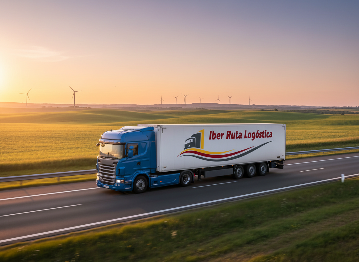 An Iber Ruta Logística truck driving along a European motorway at sunrise, the side of the trailer clearly showing the new logo in red, yellow, and gray. The logo has the text “Iber Ruta Logística” combined with a dynamic truck silhouette that flows into a flag and road graphic. Rolling fields and distant wind turbines in the background, warm golden light, subtle motion blur on the road, realistic professional photography suited for a gallery image.